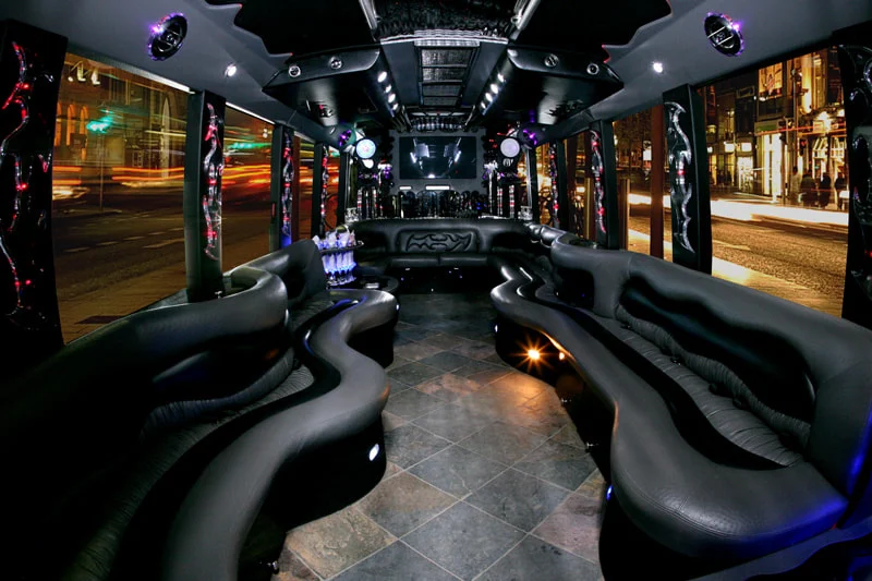 Luxury Limo Bus Interior with lights and seating